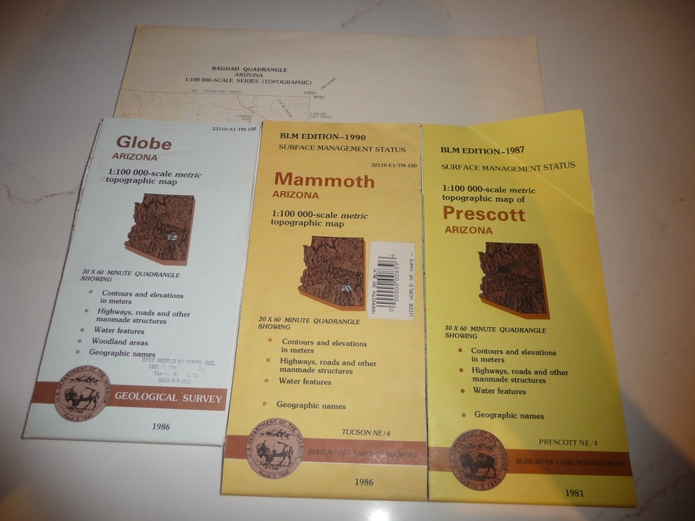 4 VINTAGE BUREAU OF LAND MANAGEMENT ARIZONA TOPOGRAPHIC MAPS – FREE SHIPPING