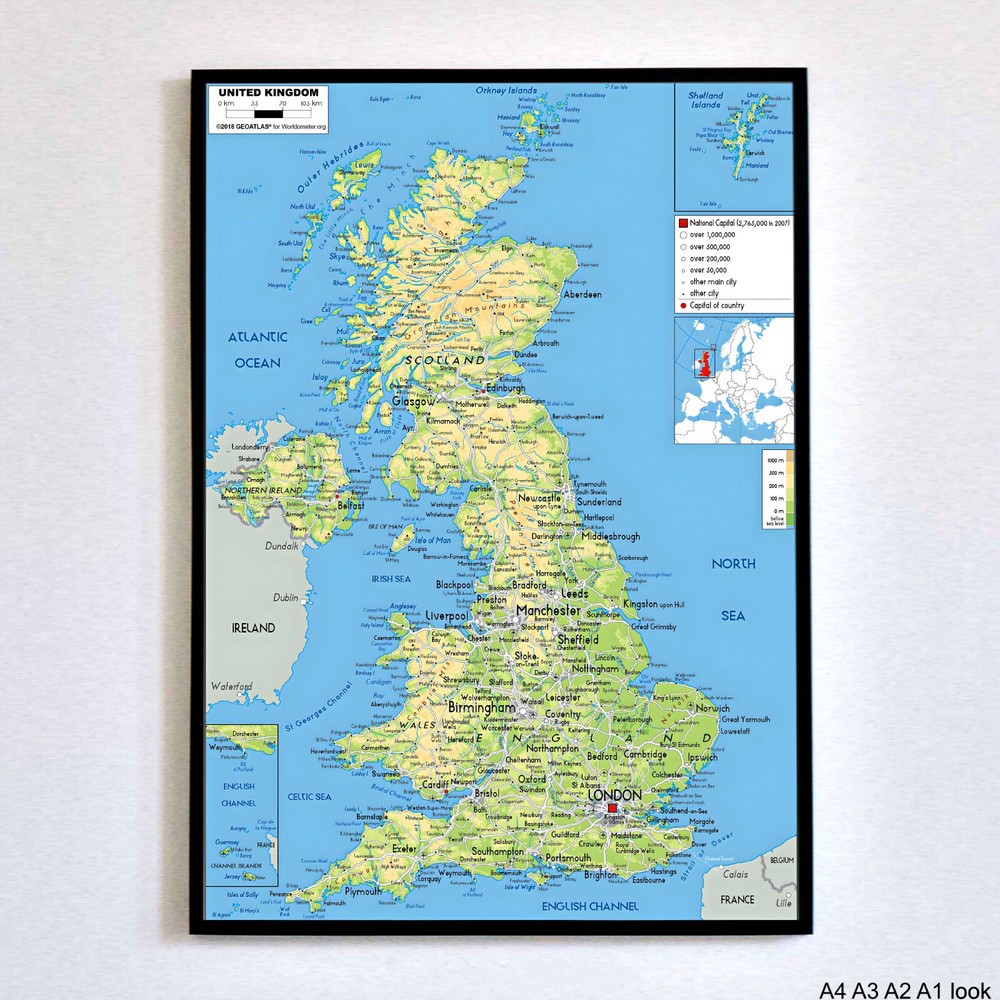 UK Physical Map GREAT BRITAIN ENGLAND WALES SCOTLAND Poster Wall Art A4 A3 A2