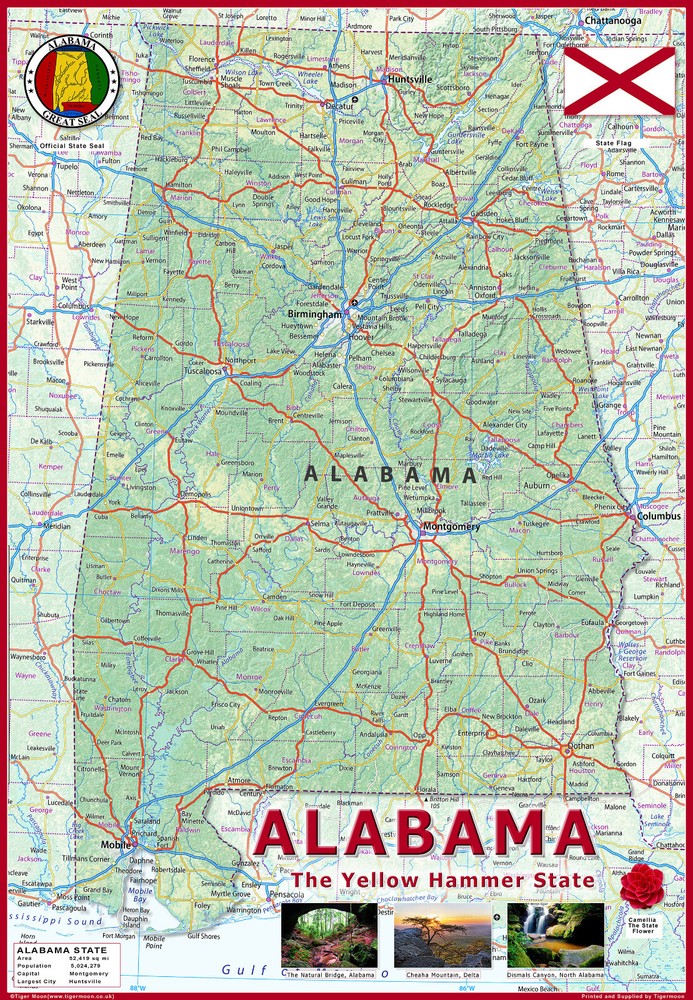 Alabama USA Physical Map – Laminated 62cm x 43cm