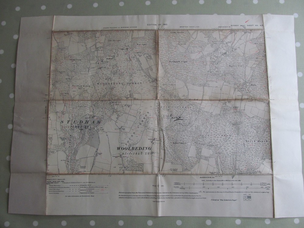VINTAGE OS MAP OF WOOLBEDING AREA SUSSEX 1913 EDITION – SIX INCHES TO ONE MILE