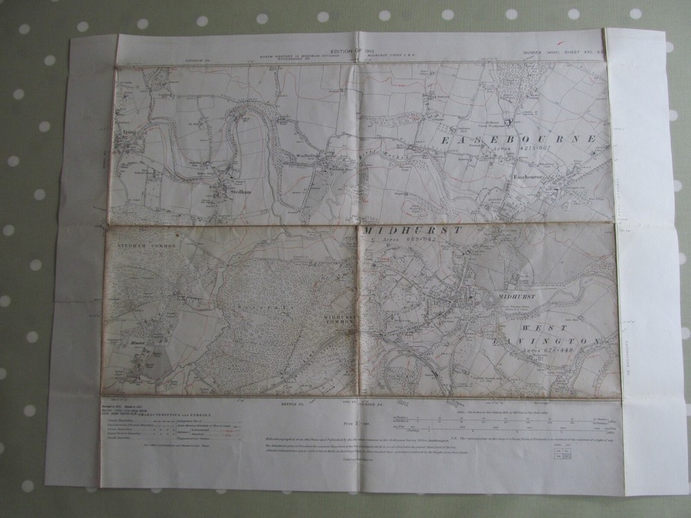 VINTAGE OS MAP OF MIDHURST AREA SUSSEX 1913 EDITION – SIX INCHES TO ONE MILE