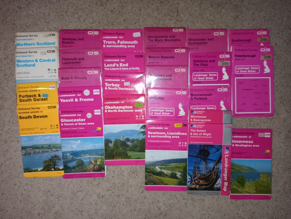 Large bundle of 26 Ordnance Survey maps 1970s to 1990s – in very good condition