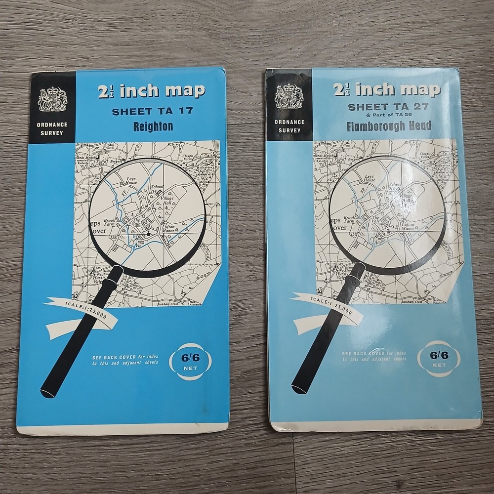 2x Vintage Ordnance Survey 2.5 Inch Maps Sheet TA 17 Reighton TA 27 Flamborough
