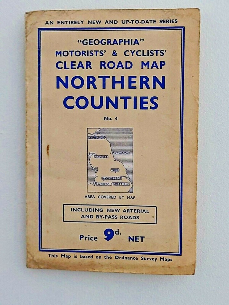 1940s Geographia Motorists & Cyclists Clear Road Map Northern Counties No 4