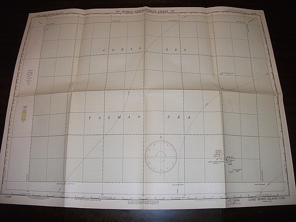 WORLD AERONAUTICAL CHART. LORD HOWE ISLAND. TASMAN SEA. 1951 ORIGINAL MAP 1358