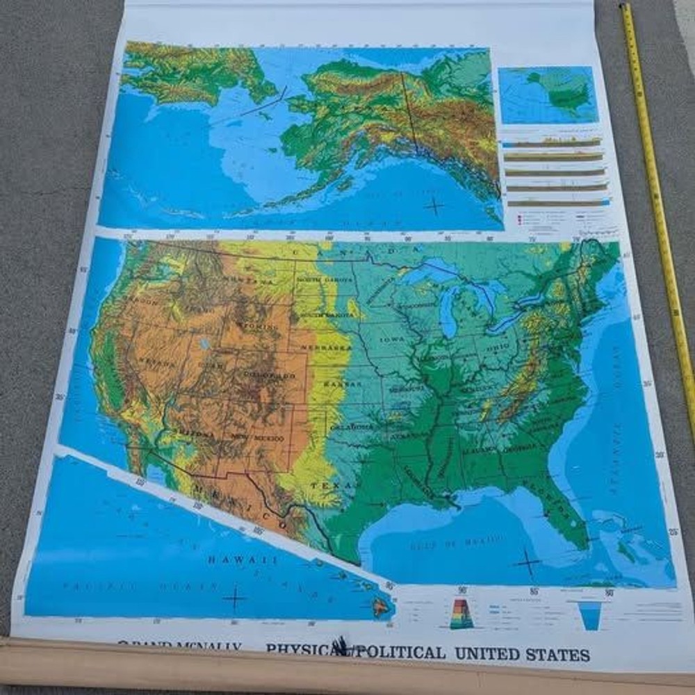 3 in 1 Vintage Rand McNally School Maps California, World & Political 66×50″