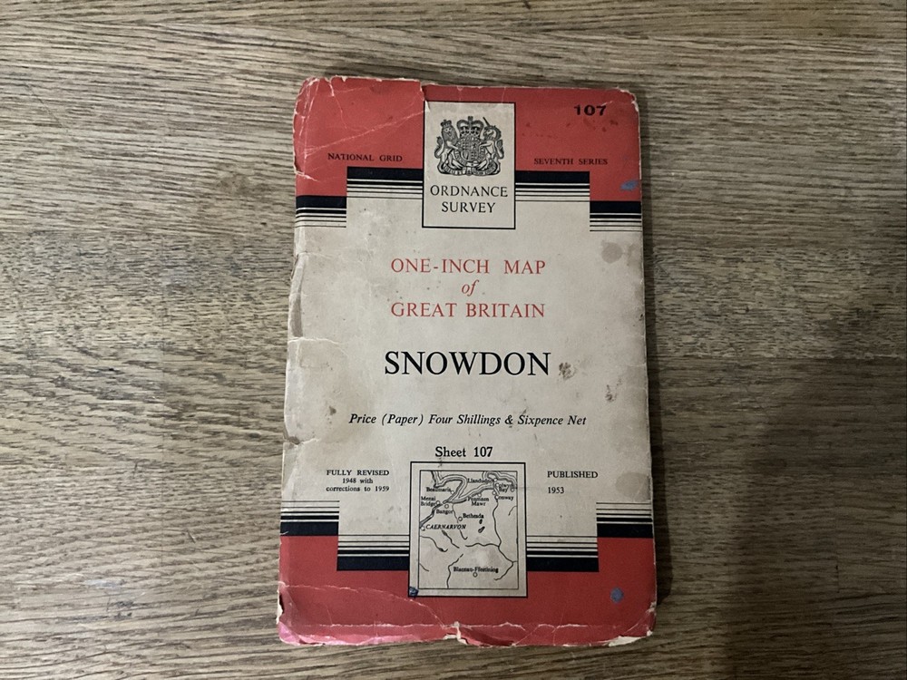 ORDNANCE SURVEY MAP 107 of Snowden Area, Seventh Series 1953 Vintage