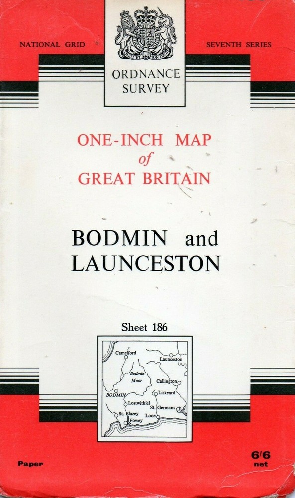 Old Vintage 1967 OS Ordnance Survey One-Inch Map 186 – Bodmin & launceston