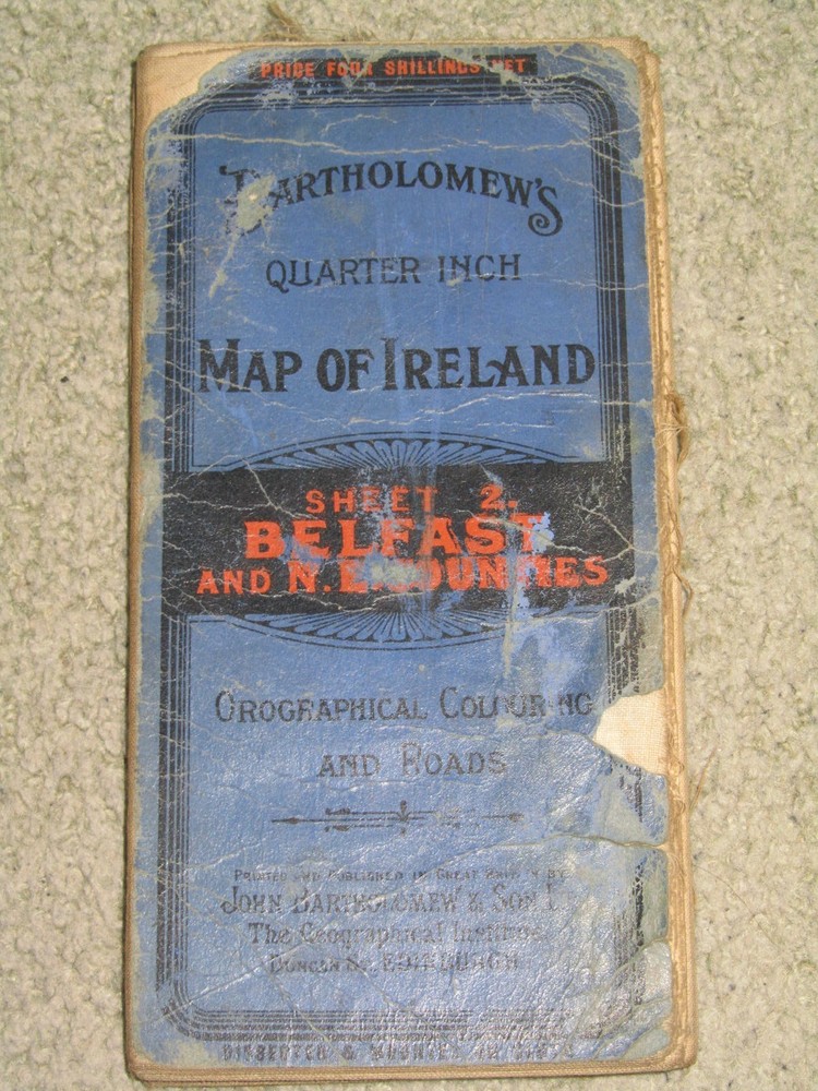 Bartholomews 1931 1/4″ Map of Ireland – sheet 2 Belfast & N Counties; diss cloth