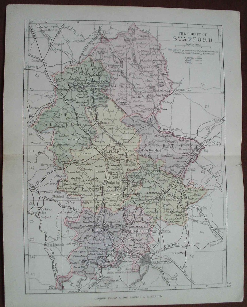 Antique colour county map Stafford late Victorian George Philip – Railways