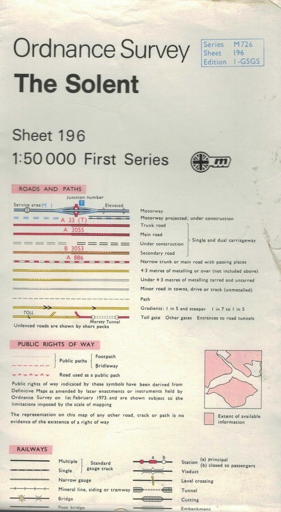 1974 53319 Sheet No 196 THE SOLENT MOD OS Map 1:50 000 FIRST Series