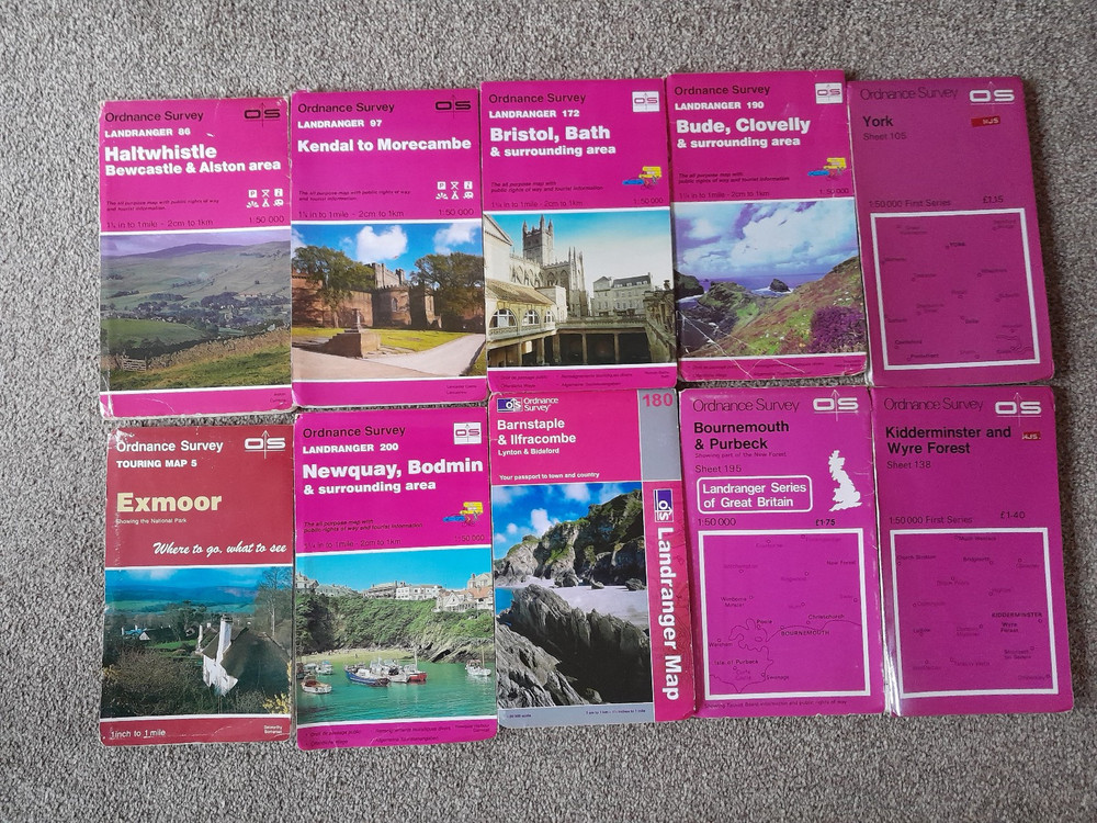 10 x OS MAPS FIRST SERIES 105 ,138,195.LANDRANGER 86,97,172,180,190,200 TOUR 5