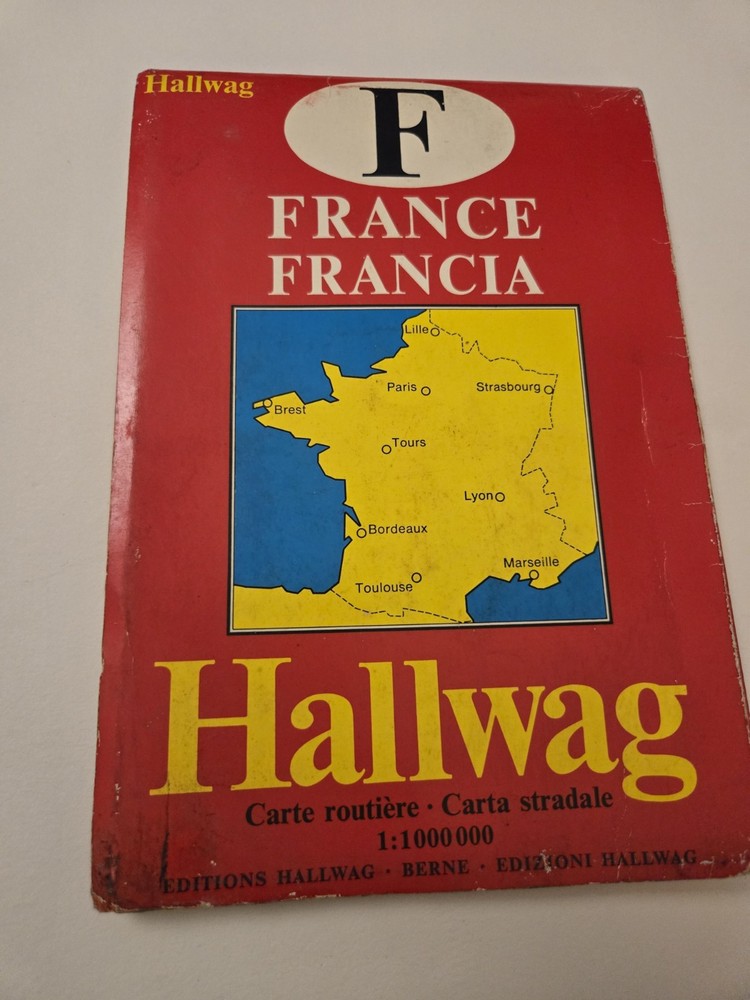Vintage Hallwag Road Map of France 1:1,000,000 Scale FoldOut Travel Multilingual
