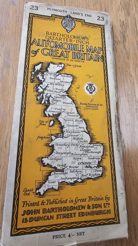 Vintage Bartholomews Quarter Inch Cloth Map, Sheet 23, Plymouth-Lands End, 1954