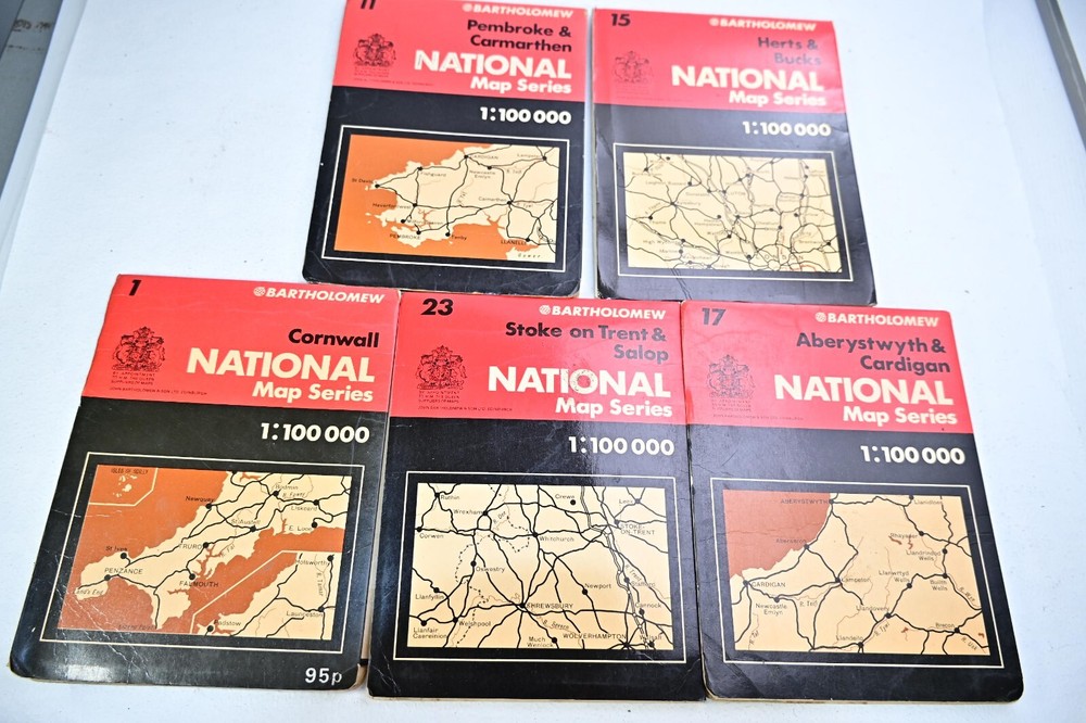 5 vintage BARTHOLOMEW Maps UK regions 1:100 000 Scale Colourful Display