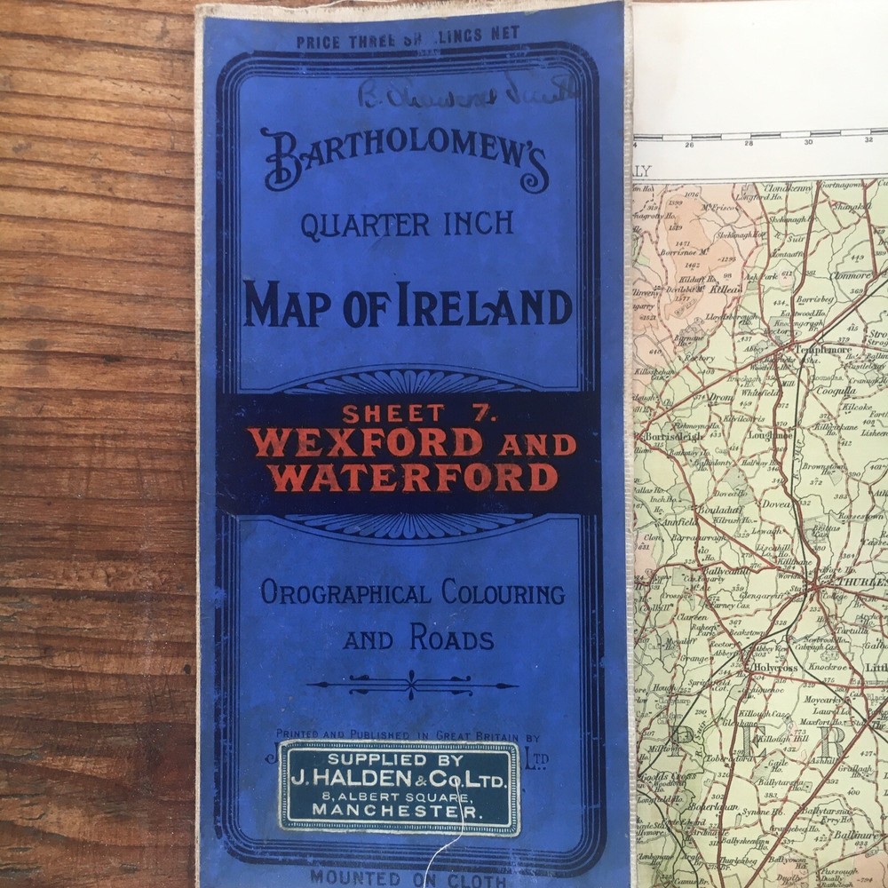 Vintage Bartholomews cloth backed map of Wexford & waterford Ireland