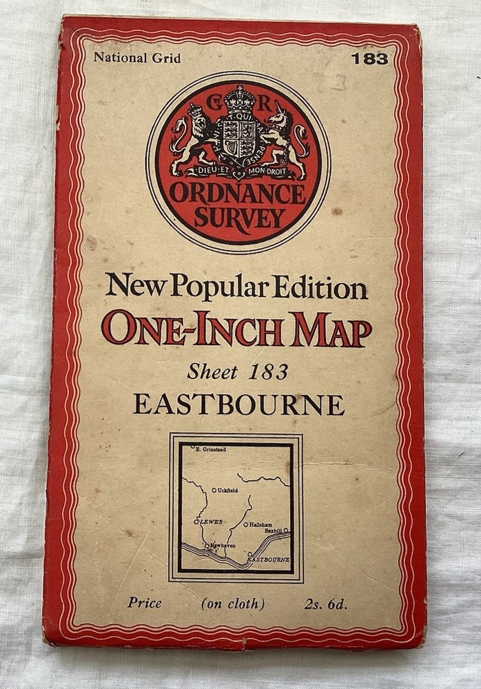 Vintage Ordnance Survey, 1 inch cloth, Eastbourne sheet 183, 1940