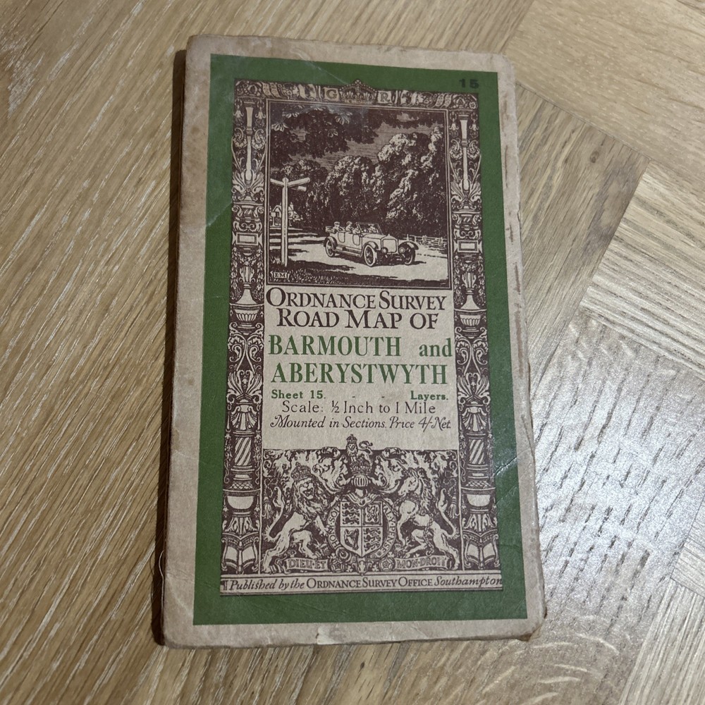 BARMOUTH & ABERYSTWYTH Ordnance Survey CLOTH Half Inch Sheet 15 1913 1929 rev
