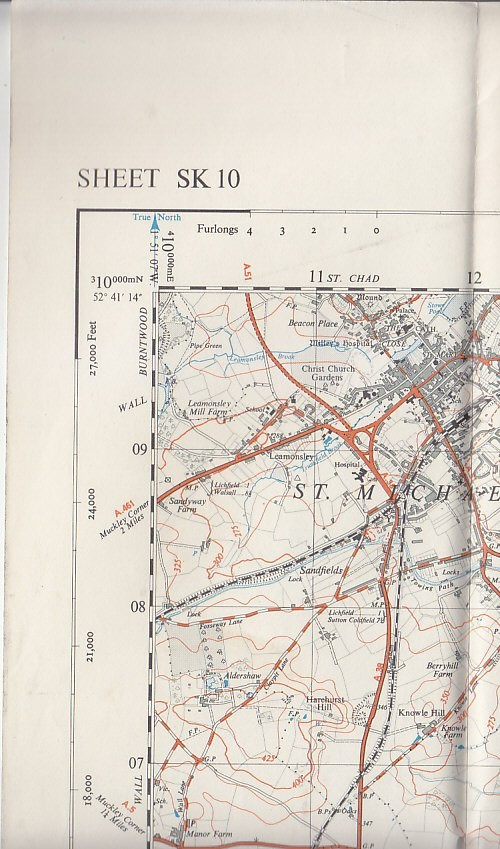 Ordnance Survey Map 1:25,000 First Series Sheet SK 10 Lichfield