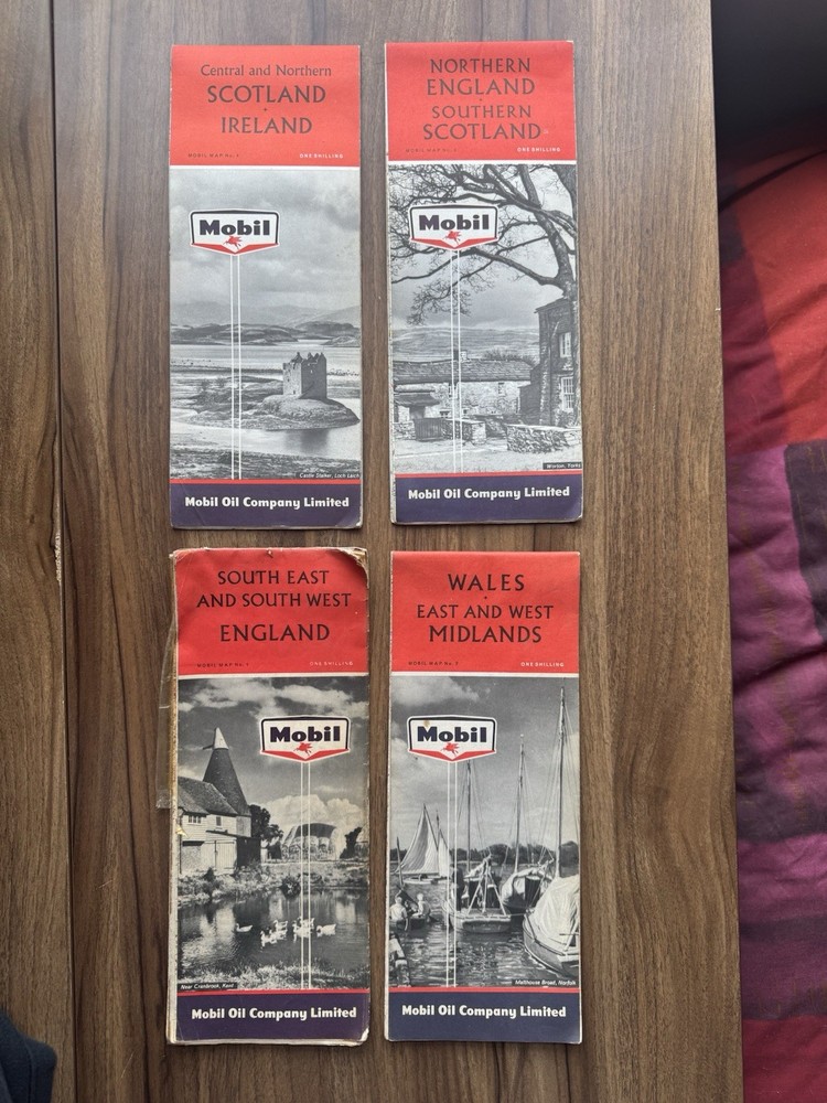 4 x Vintage Mobil Oil Fold Up Maps Midlands Scotland Ireland England Bundle