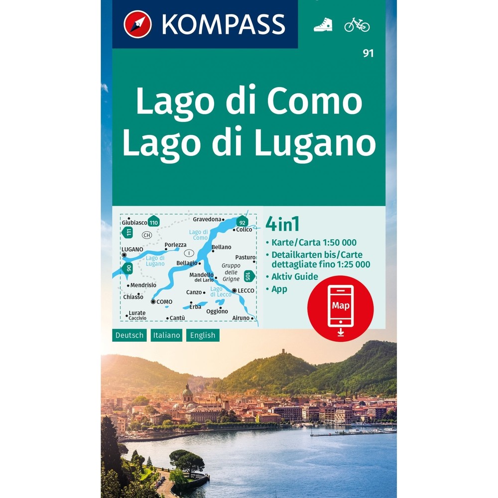 Italy + Switzerland Lake Como Lake Lugano Kompass hiking + cycling map 91