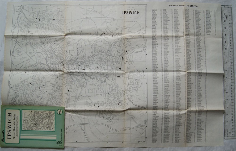 Vintage: Barnett’s Street Plan with index, Ipswich, enlarged town centre plan