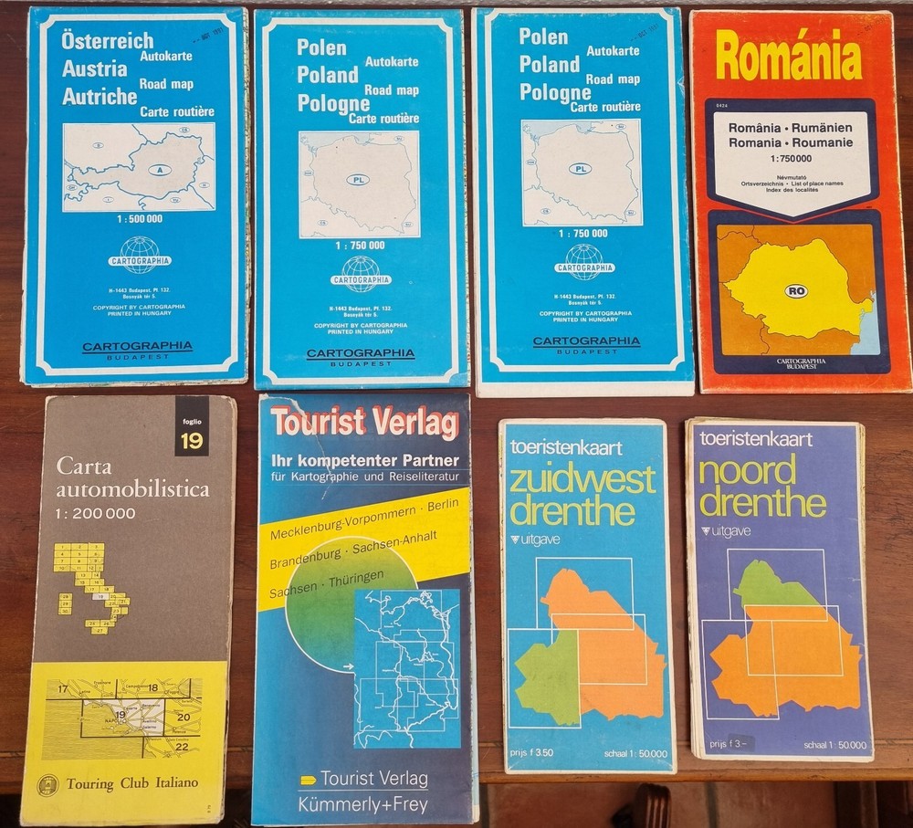 8 x Old European road maps. 70s to 90s.Poland,Berlin,Holland,Italy,Austria etc