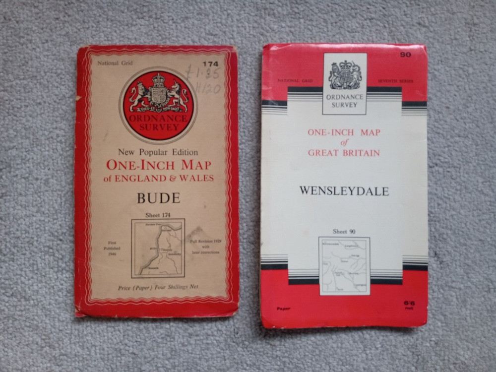 2 x Vintage & Old Ordnance Survey Maps BUDE & WENSLEYDALE