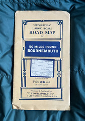 Vintage Geographia Paper Large Scale Map 50 Miles round Bournemouth, 50’s approx