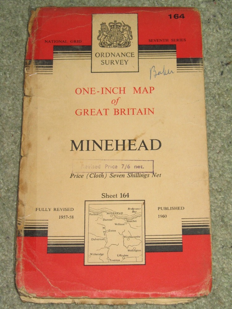 OS Ordnance Survey 1″ 7th Series: sheet 164 Minehead – on cloth – 1960