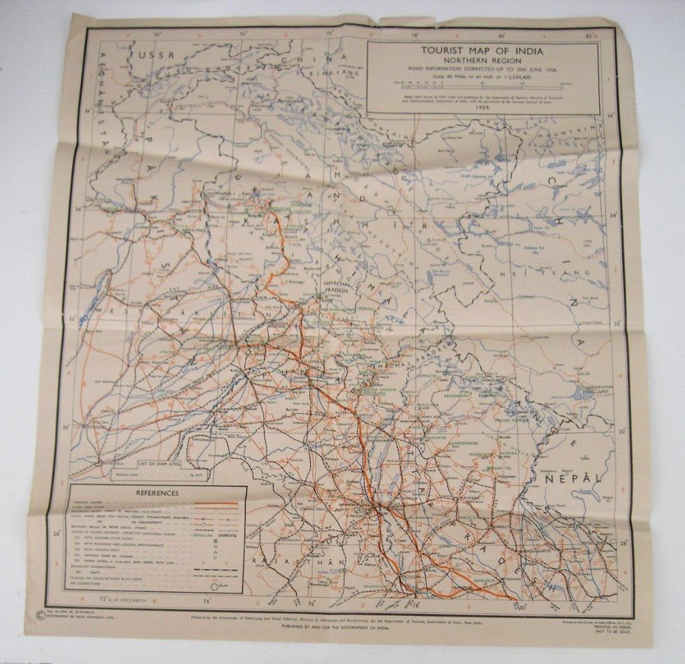Original Vintage Sheet Tourist Map Of India Northern Region 1959
