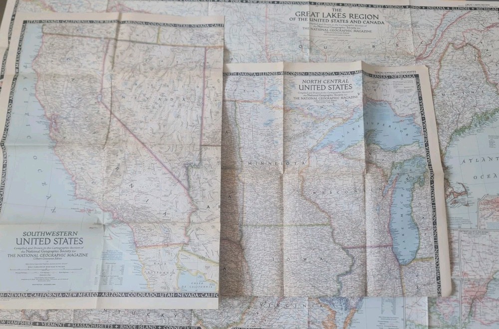 Lot of 3 National Geographic Large Folded Paper Historical Maps of the USA 1950s