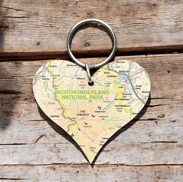 OS Map Wooden Heart Key-ring – Northumberland National Park