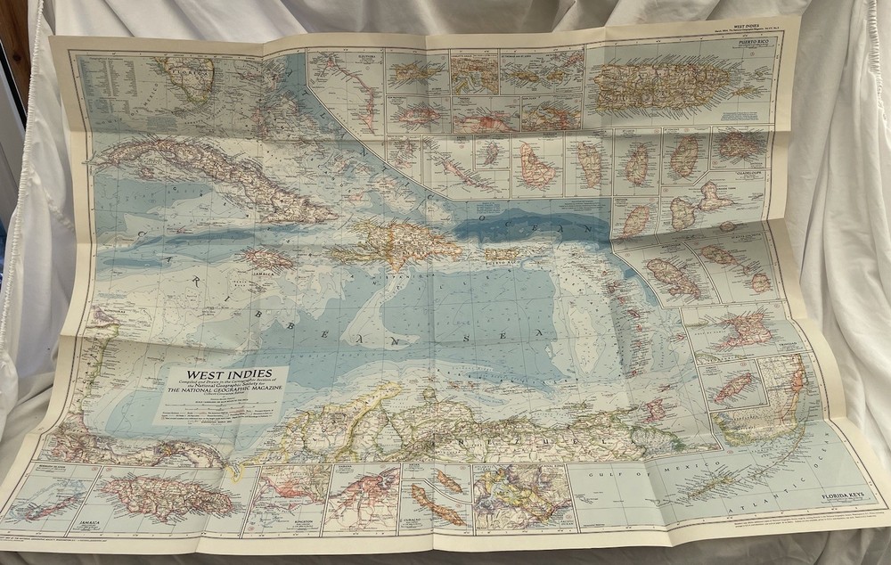 Vintage National Geographic Map West Indies March 1954