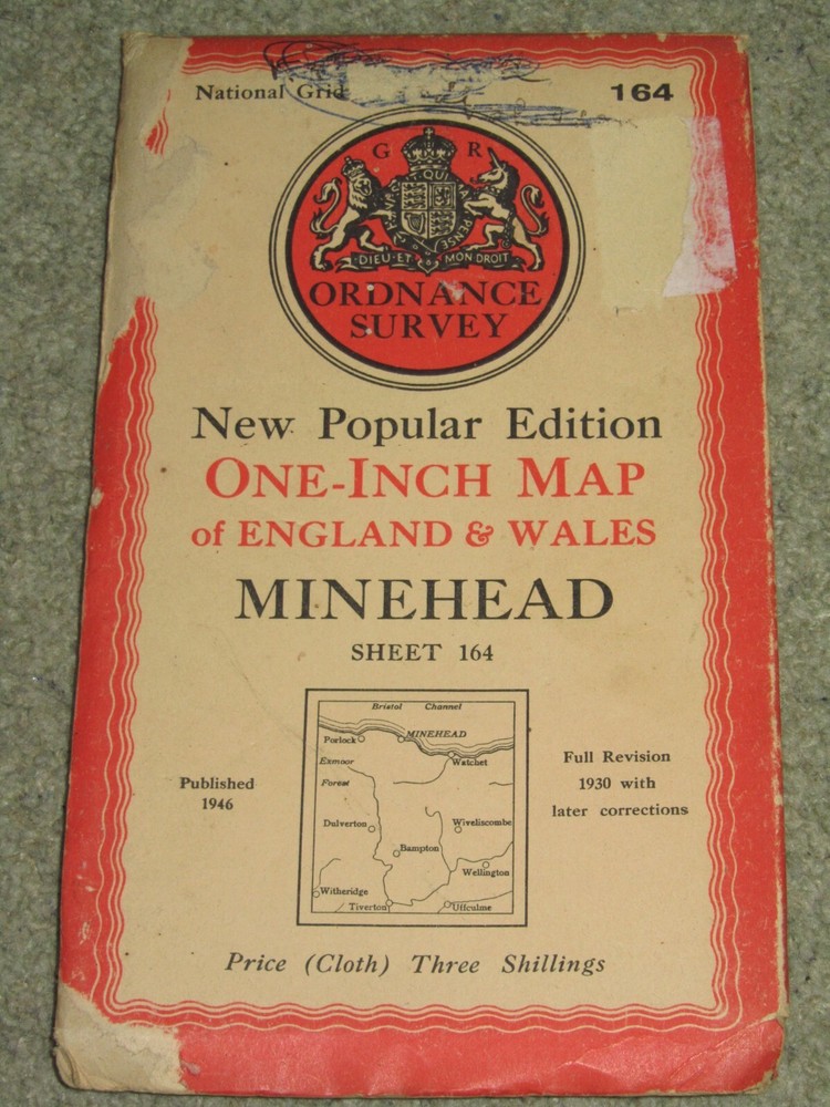 OS Ordnance Survey 1″ New Popular Edition sheet 164 Minehead – 1946 on cloth