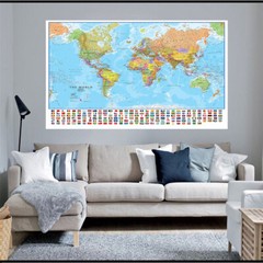 225*150cm The World Political Map with National Flags Non-woven Canvas Painting