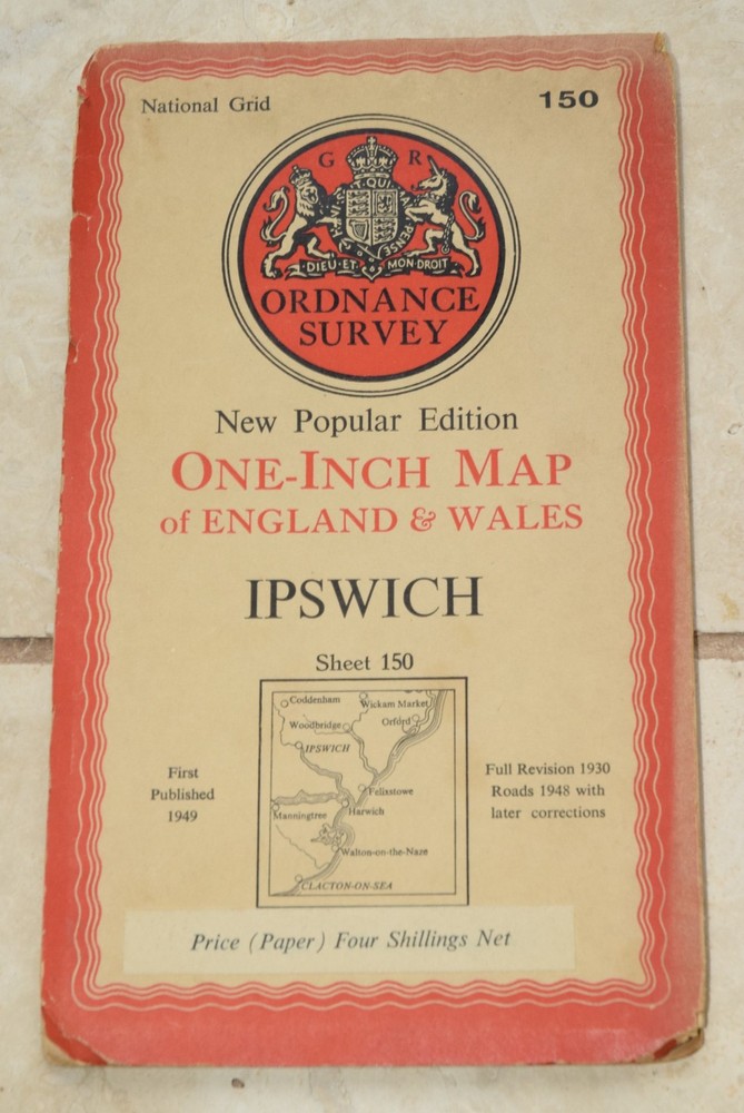 Ordnance Survey One-Inch Map 150 IPSWICH New Popular 6th Edition 1949