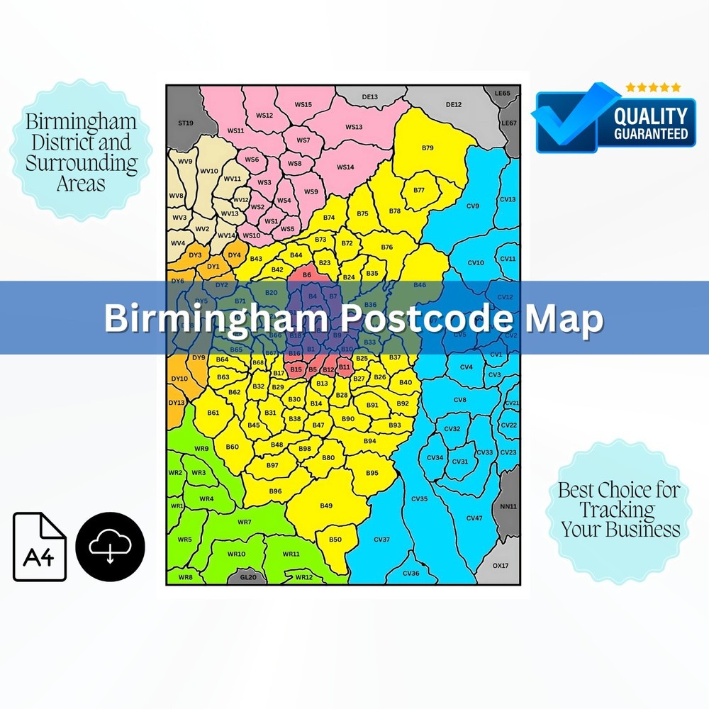 POSTCODE MAP of Birmingham Postal District Area & Surroundings, A4 LAMINATED MAP