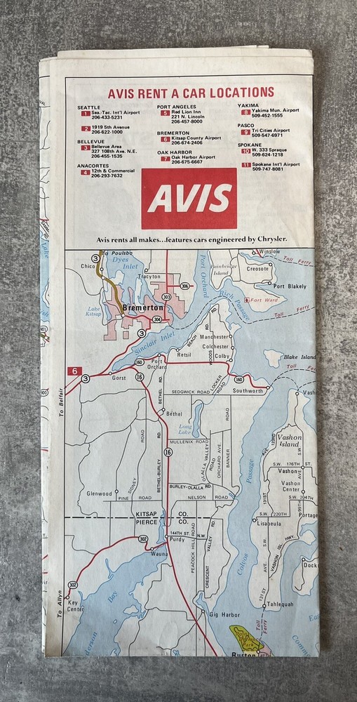 Avis Rent A Car – 1975 – Foldable Metro Street Map Seattle Tacoma Washington