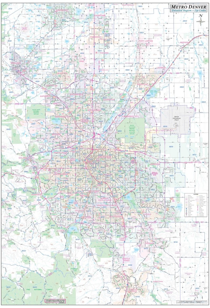 Metro Denver-Aurora-Boulder CO Detailed Region Wall Map w/Zip Codes
