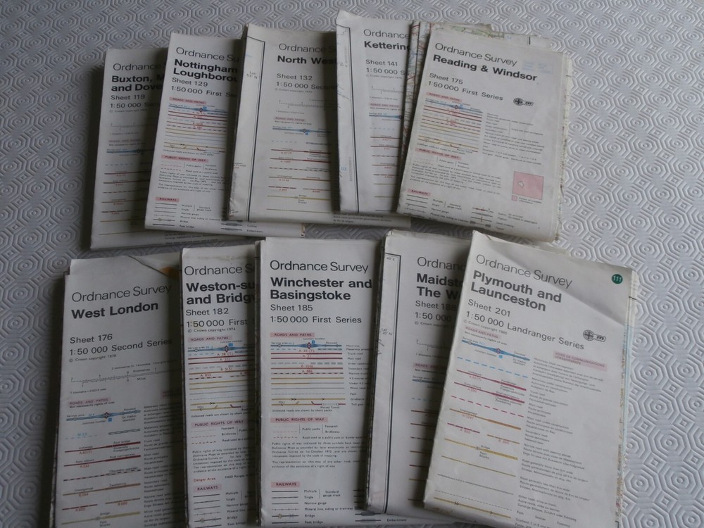 Vintage OS Ordnance Survey Landranger Series1 and 2 Maps Job Lot Bundle x 10