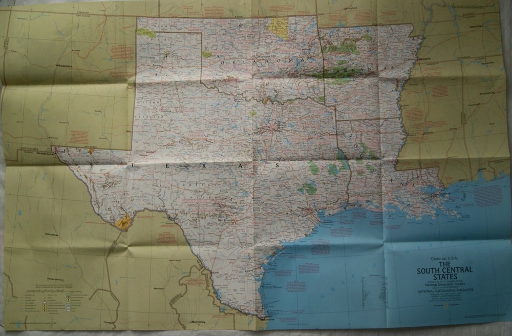 1974 National Geographic map Close-up USA Arkansas Oklahoma Louisiana Texas