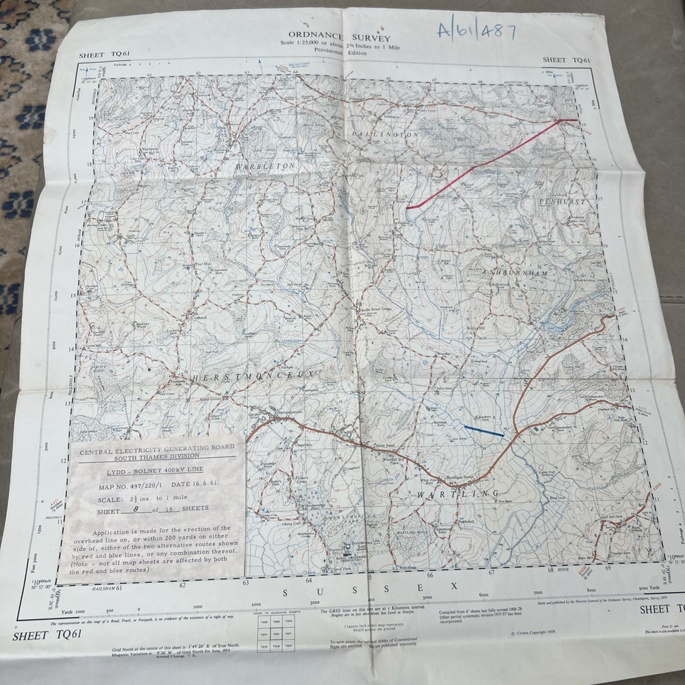 Ordance Survey Central Electricity Generating Board Map Sussex 1959
