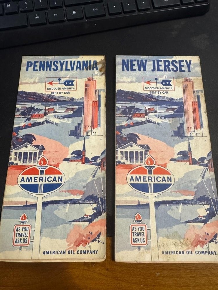VINTAGE 1960’s AMERICAN OIL CO. TRAVEL TOURING MAPS OF NEW JERSEY & PENNSYLVANIA