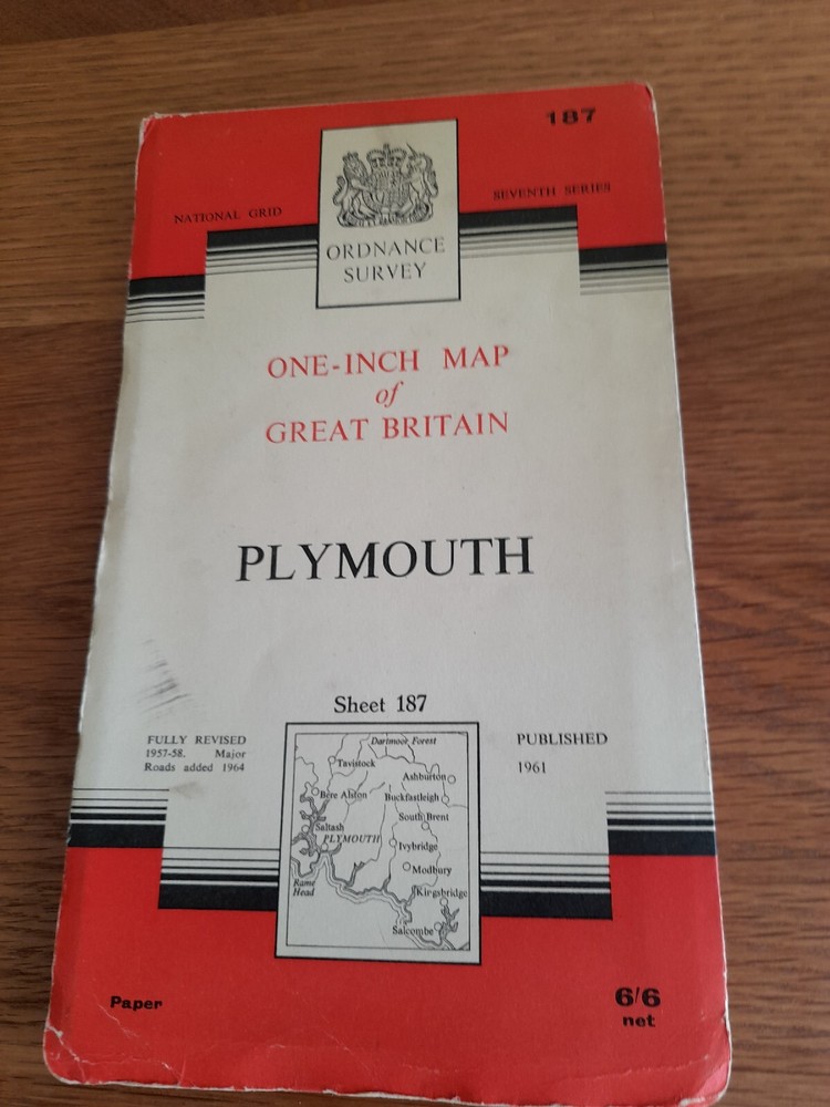 1960 ORDNANCE ONE-INCH MAP OF GREAT BRITAIN PLYMOUTH 1961 No 187