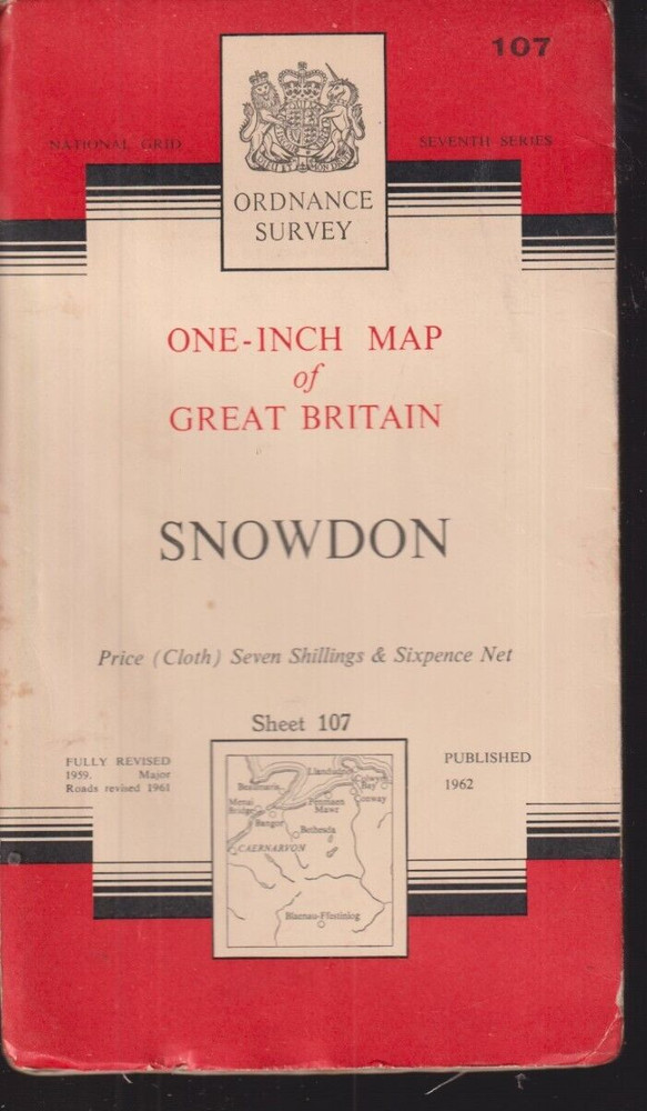 Snowdon National Grid Ordnance Survey One-Inch Map #107 1962 Cloth 7th Series