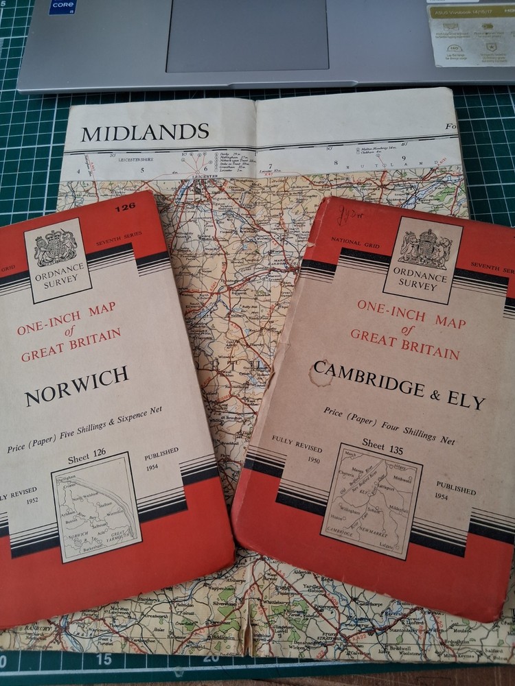3 O/S maps , vintage , Cambridge & Ely 1954, Norwich 1954 & Midlands 1960 #4