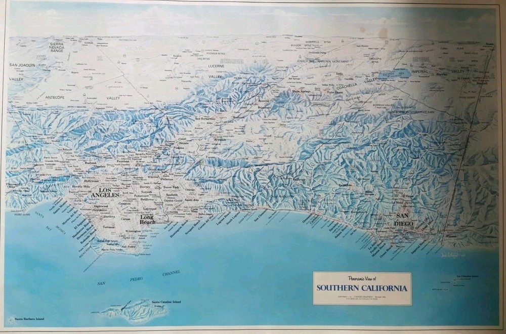 Southern California Wall Map Vintage Topographic 1984 Cooper Moffatt Large 89cm