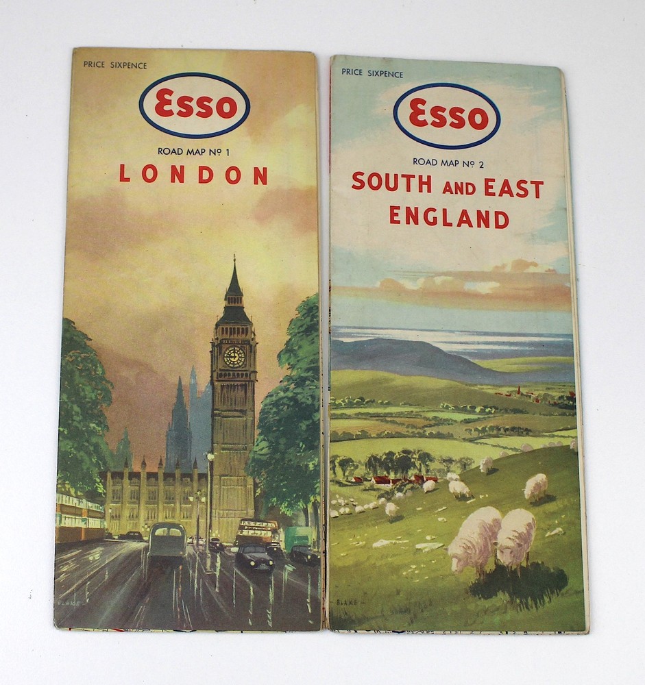 ESSO Petroleum Road Maps No. 1 & 2 London South & East England Colour Map 1960s