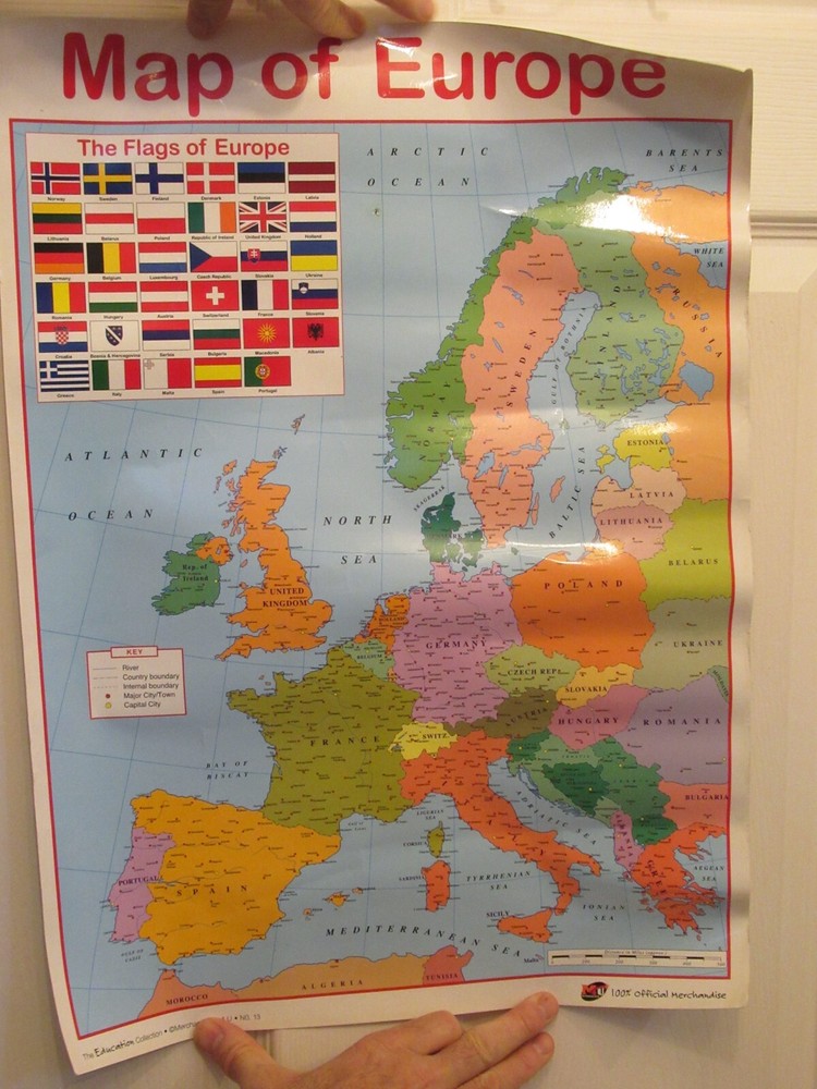 Educational map of Europe & flags of Europe wall poster, Playroom, kids bedroom